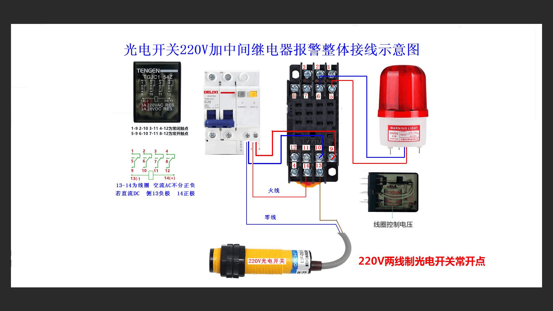 光电开关220V加中间继电器报警整体接线示意图
